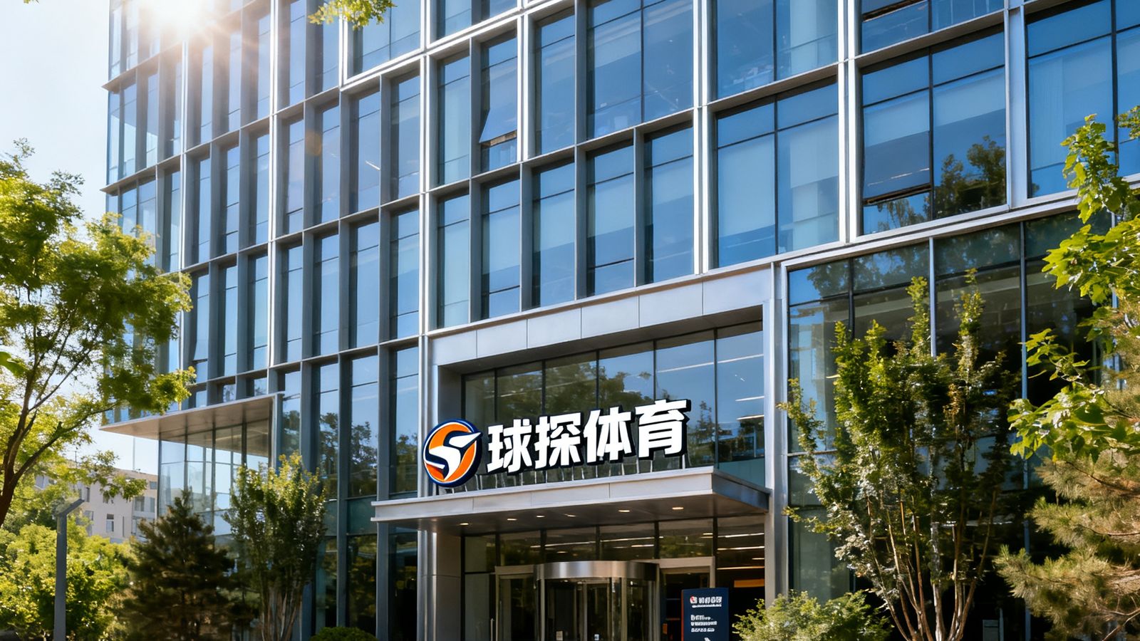 北京朝阳区体育园路创新大厦的现代风格外立面，大厦入口处悬挂着球探体育的品牌标识，周围绿植环绕