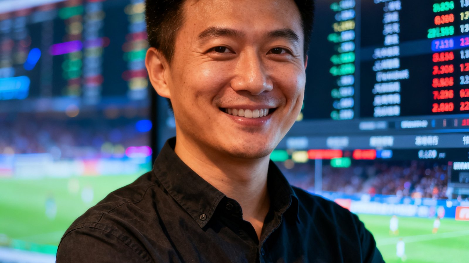 球探体育创始人陈启明面带微笑的半身肖像照，他穿着深色衬衫站在数据大屏前，背景显示着实时赛事数据流
