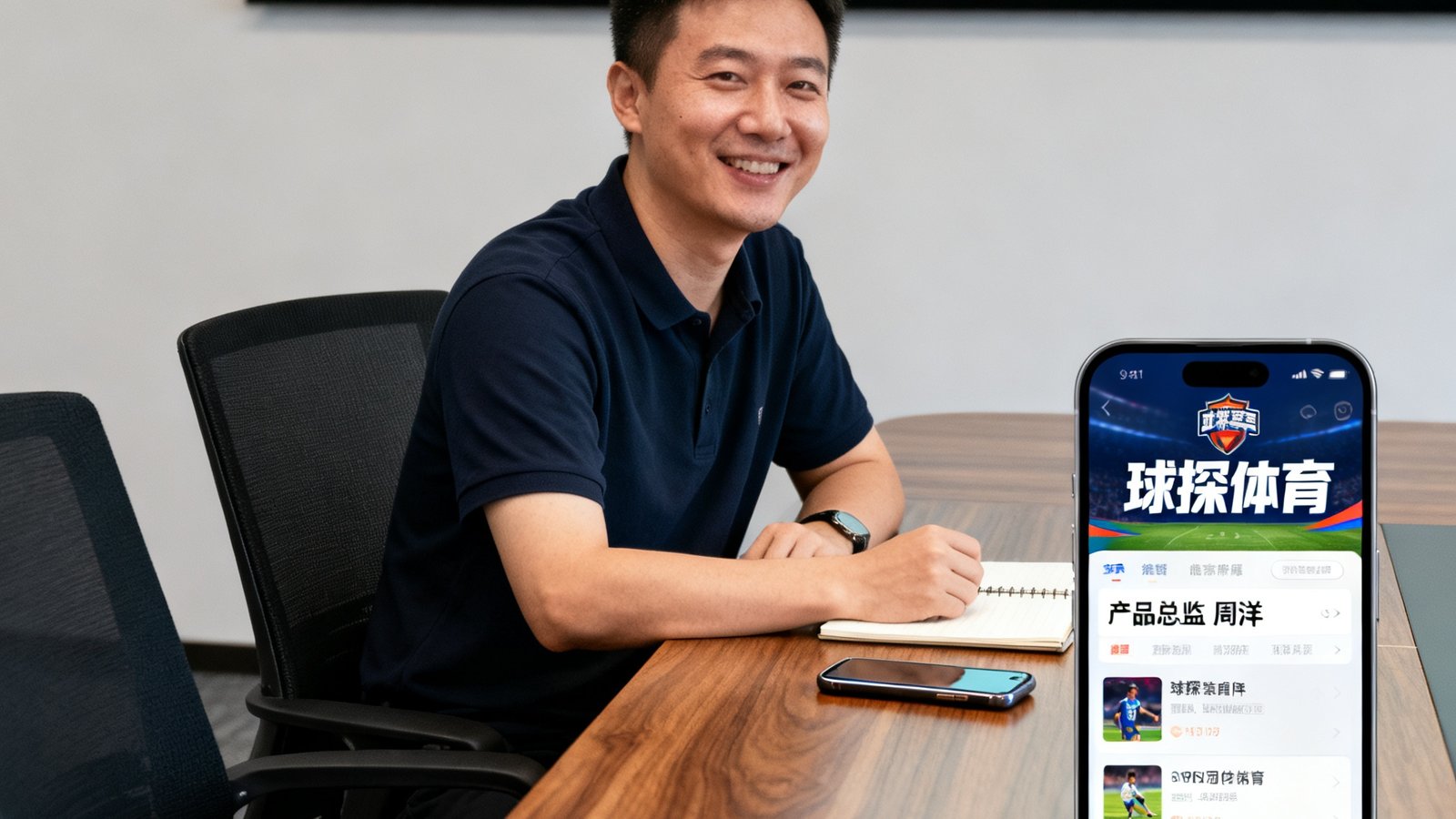 产品总监周洋坐在会议室中自信地展示产品原型，面前的桌子上摆放着手机和笔记本，屏幕上显示着球探体育界面